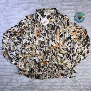 Women's Button Down Shirt Medium Watercolor Print Sheer Gold Lightweight Shimmer